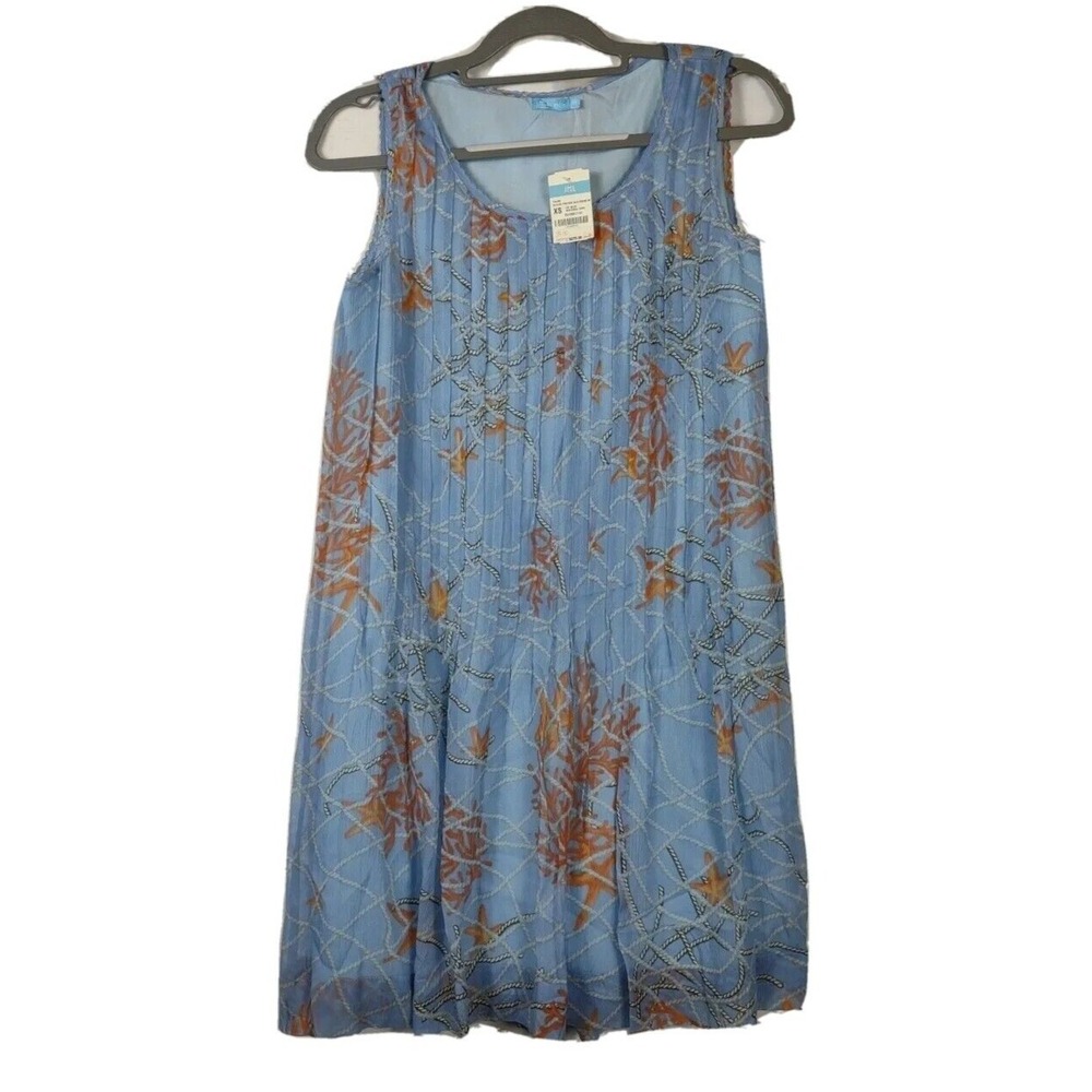 Silk Pin Tuck Sleeveless Dress Size XS Blue Coral Sealife J McLaughlin TAG
